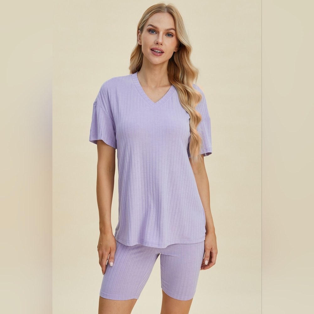 Basic Bae Full Size Ribbed V-Neck Short Sleeve Top and Shorts Set